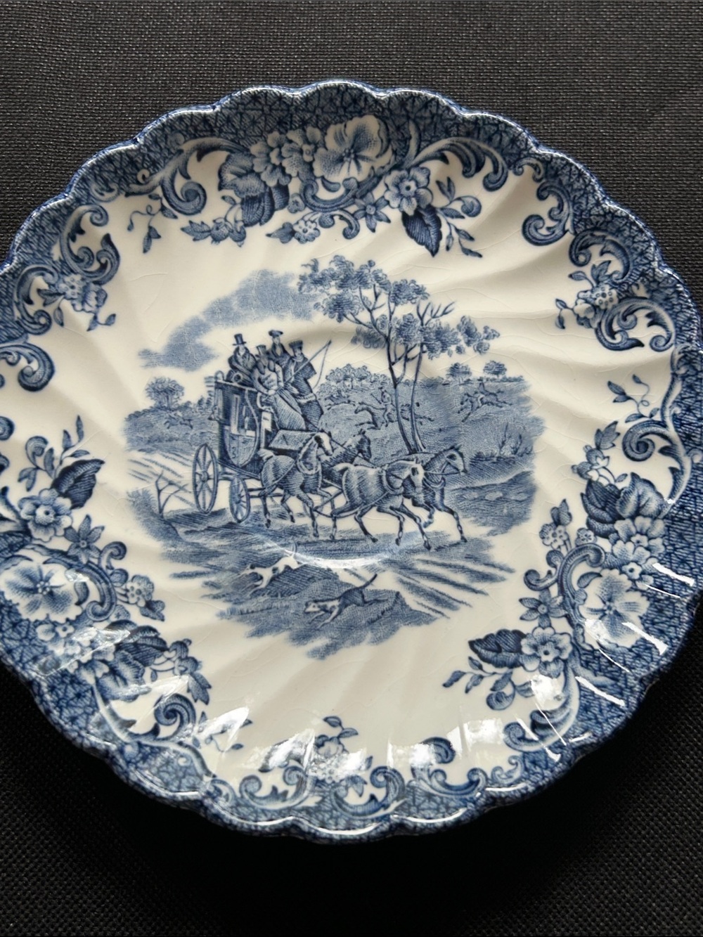 Vintage Blue and White Transferware Dinner Plate with Carriage Motif